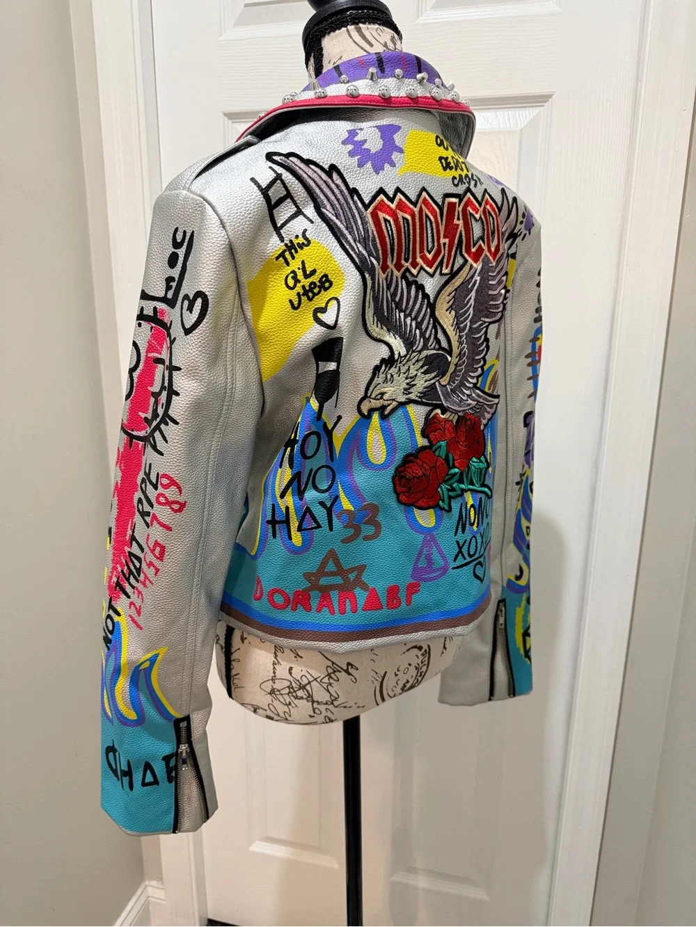 Azalea Wang Graffiti Silver Jacket Embellished Eagle Rose Statement Piece